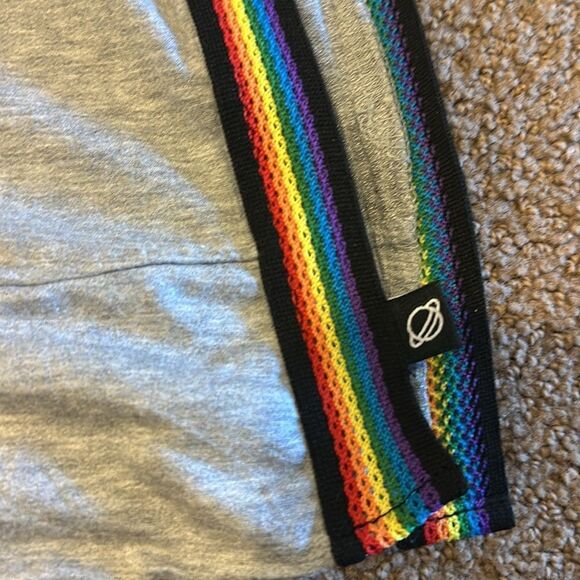 Terez Women’s Grey Zip-up Hooded Sweatshirt with Rainbow Stitched Side Slits - Picture 3 of 8